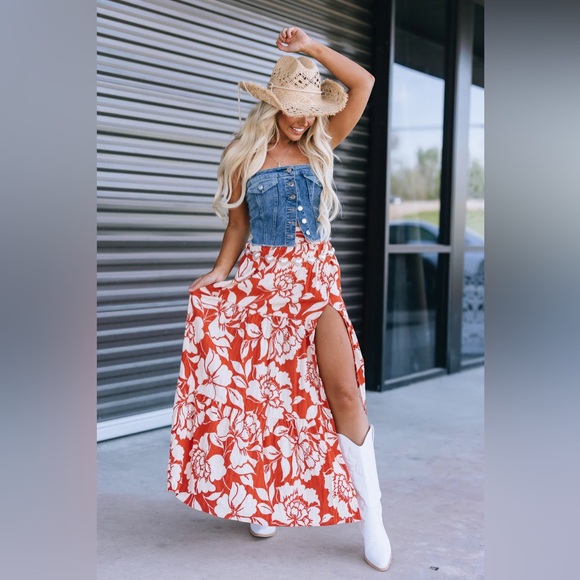 NWT Angie Floral Tropical Print Side Front Slit Long Maxi Skirt Clay - Picture 7 of 10